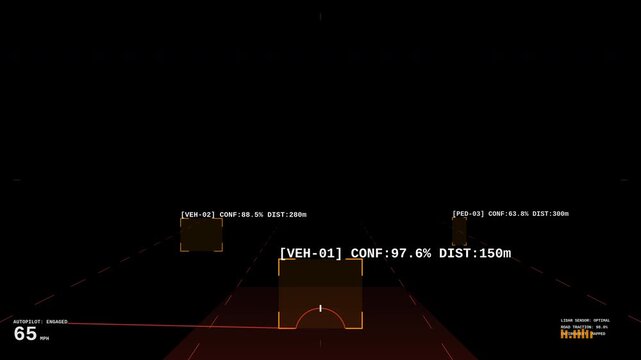 Autonomous vehicle driving simulation with on-screen data showing vehicle and pedestrian detection in motion