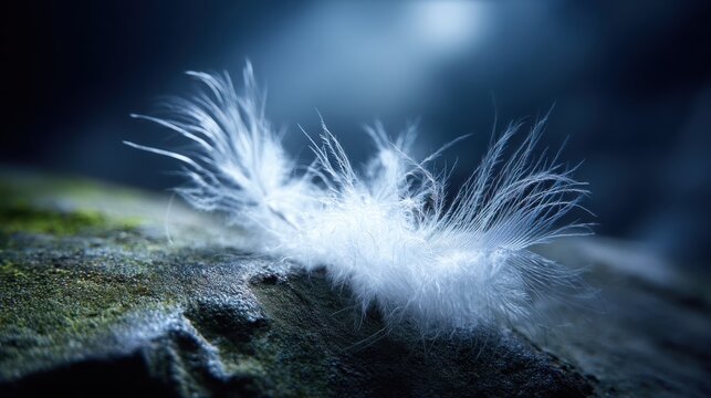 Delicate white down feather rests on textured surface, bathed in soft ethereal light