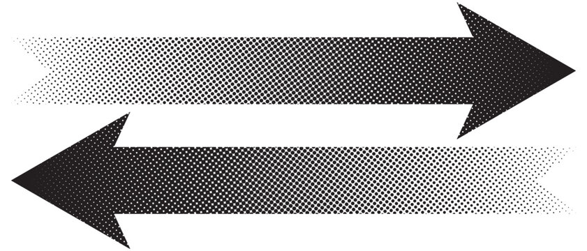 Long arrow vector icon. Silhouette of long arrow with dot pattern. Set of Halftone directional metal arrows. Simple straight Horizontal long arrow icon design for website, app, logo.