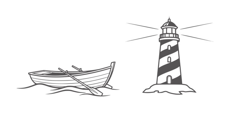 Rowboat with oars waves beside a striped lighthouse water
