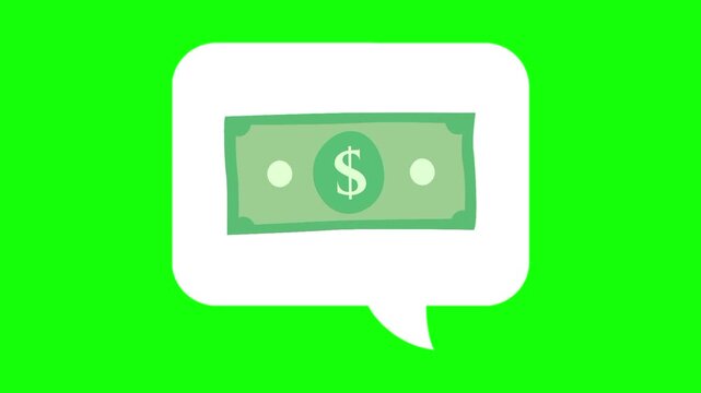 Cash dollar money in white dialogue box. Animated chat, conversation vector icon. Business idea, finance, economic thought symbol. Popup animation with green screen background template