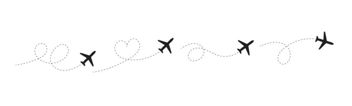 Airplane line path icon. Vector illustration of air plane flight route with line trace isolated on white background