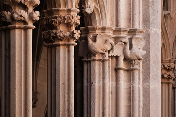 Fototapeta premium Сapital of cloister of Santa Maria de Santes Creus Monastery. Tarragona Province, Spain.