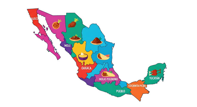 A colorful vector graphic map of Mexico showcasing regional cuisine and dishes