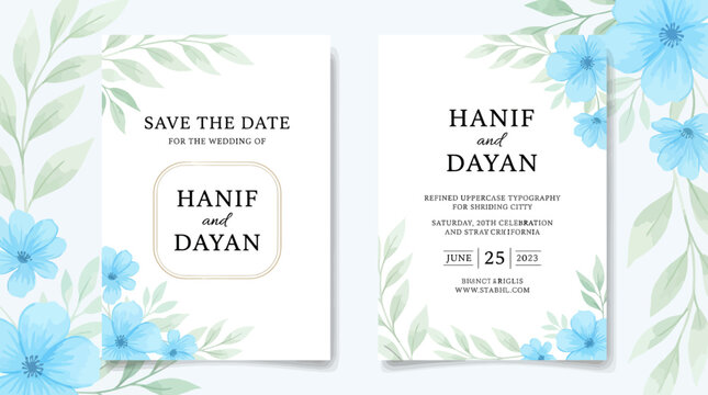 Save the Date wedding invitation cards for Hanif Dayan with blue floral watercolor design and elegant typography