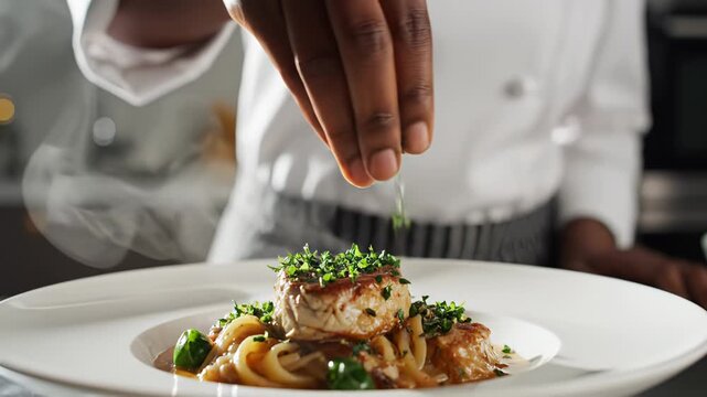 Chef sprinkles fresh herbs on a plated dish. Kitchen setting includes organized tools and cooking equipment. Concept of restaurants, catering, food services