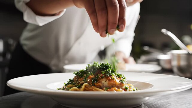 Chef sprinkles fresh herbs over a plated dish. Kitchen setting with ingredients and tools visible. Action takes place during restaurant preparation