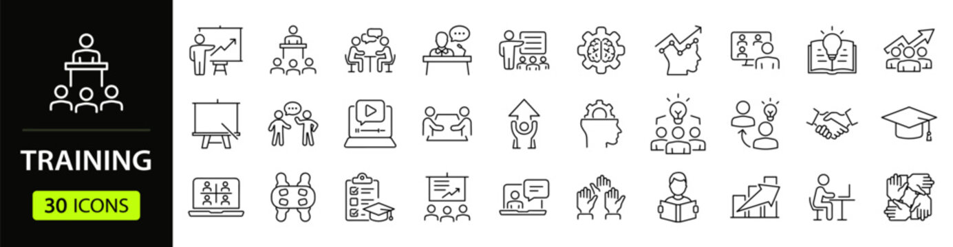 Training Web Icon Set in Linear Style. Collection of workshop, line icons, including coaching, meeting, education, conference, mentoring, teamwork, presentation, seminar and more. Editable stroke