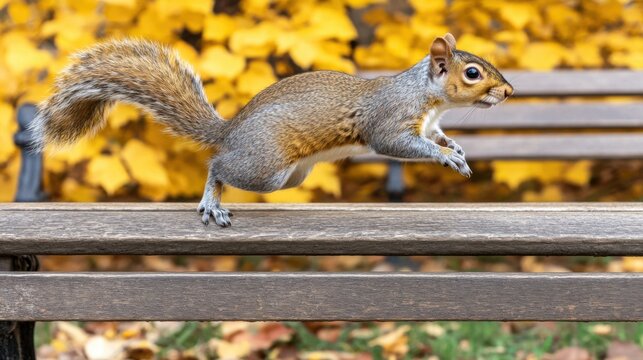Agile Squirrel Running on Park Bench in Daylight
