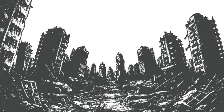 Post-apocalyptic city ruins with destroyed buildings in a gritty black and white stencil style