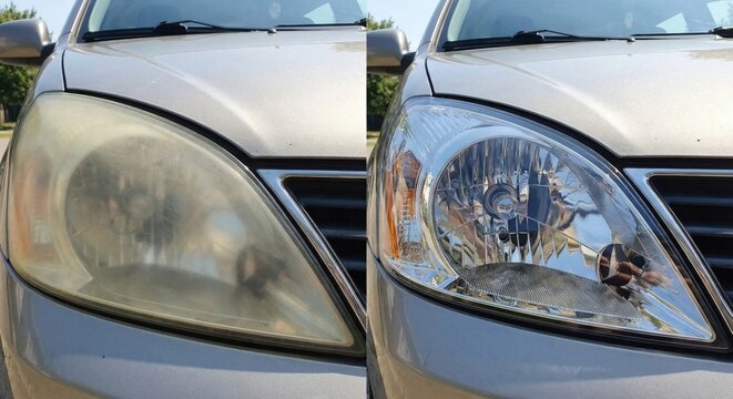 Car headlight restoration before and after comparison