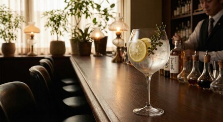 Fototapeta premium Japanese gin and tonic with yuzu and sansho pepper in bar