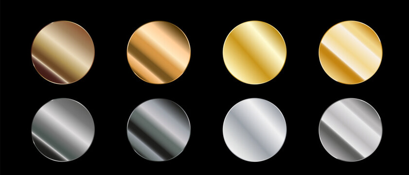Golden and silver blank button badges, Golden silver medals awards, 3d metal badges for achievements, Shiny round frame stamps