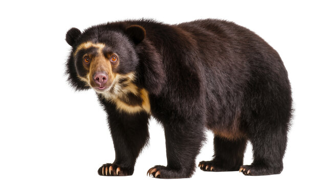 Intelligent Andean spectacled bear full body standing and gazing directly at viewer