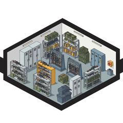 Isometric Armory Room Illustration with Weapons and Storage. © Jujur