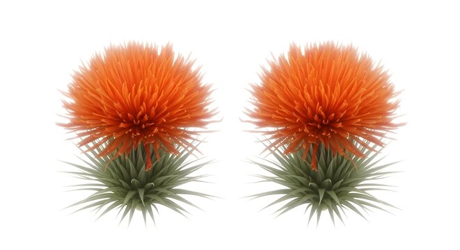Two vibrant orange flowers with green grass like bases on a white background