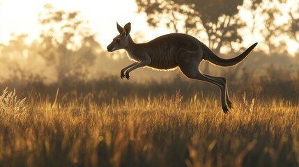 Fototapeta premium Kangaroo Hops Through Grassy Australian Landscape at Sunrise
