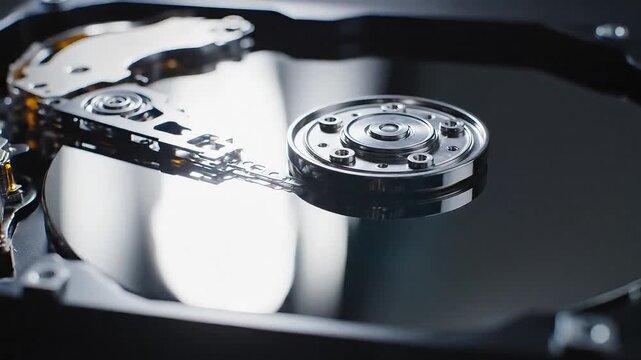 Close-up of a hard drive's internal components and disk platters
