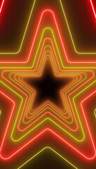 Vertical illustation many stars in neon red and neon yellow on dark background - abstract background.