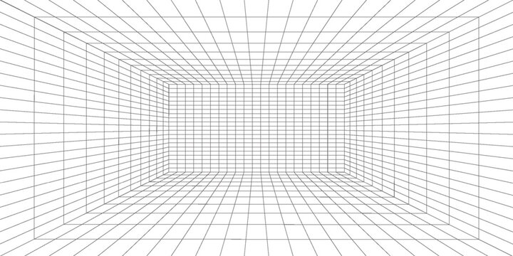 Perspective grid background 3d Vector illustration. Interior design Model projection background template. Line one point perspective