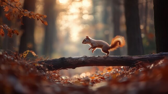 Squirrel Leaps Across Forest Branch in Golden Sunlight