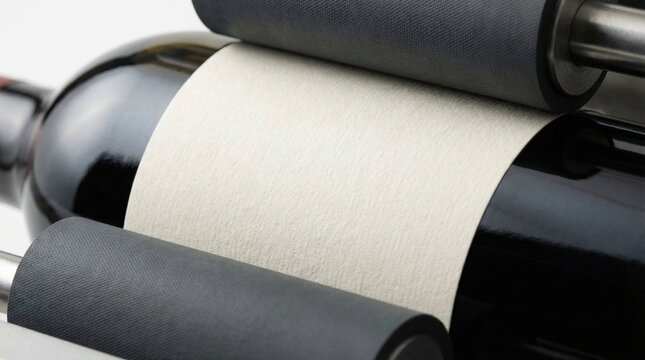 Applying blank paper label to wine bottle with rollers