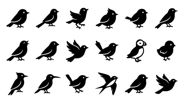 Collection of eighteen unique bird species silhouettes including sparrow swallow and puffin icons