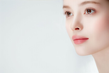 Naklejka premium 透明感のある美肌を引き立てる若い女性の横顔ビューティーポートレート、白背景のハイキーライティングと広いコピースペースの広告向けスキンケア素材