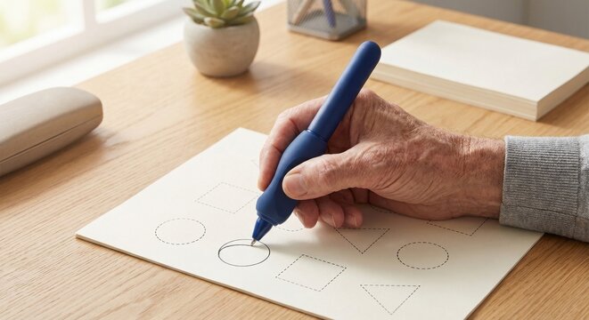 Elderly hand tracing shapes with ergonomic pen on worksheet