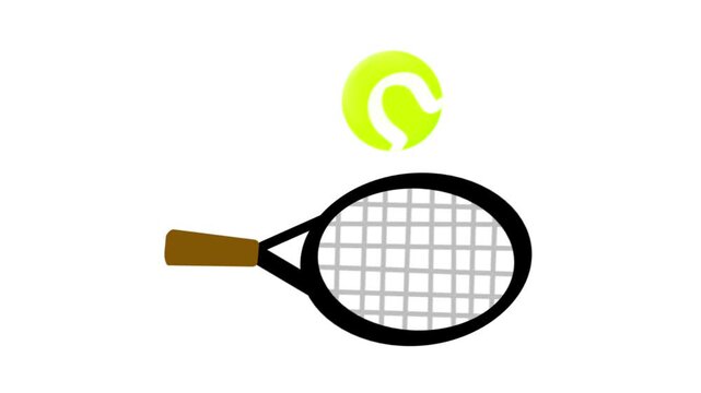 A green tennis ball bounces rhythmically on a black tennis racket against white and green screen backgrounds.