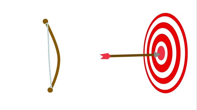 An animated arrow is shot from a bow and hits the center of a red bullseye target on a white background.
