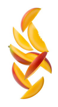 Fresh juicy mango slices falling vertically PNG. Sweet ripe tropical fruit pieces floating isolated for organic food advertising, healthy vegan nutrition, delicious dessert ingredients, and diet