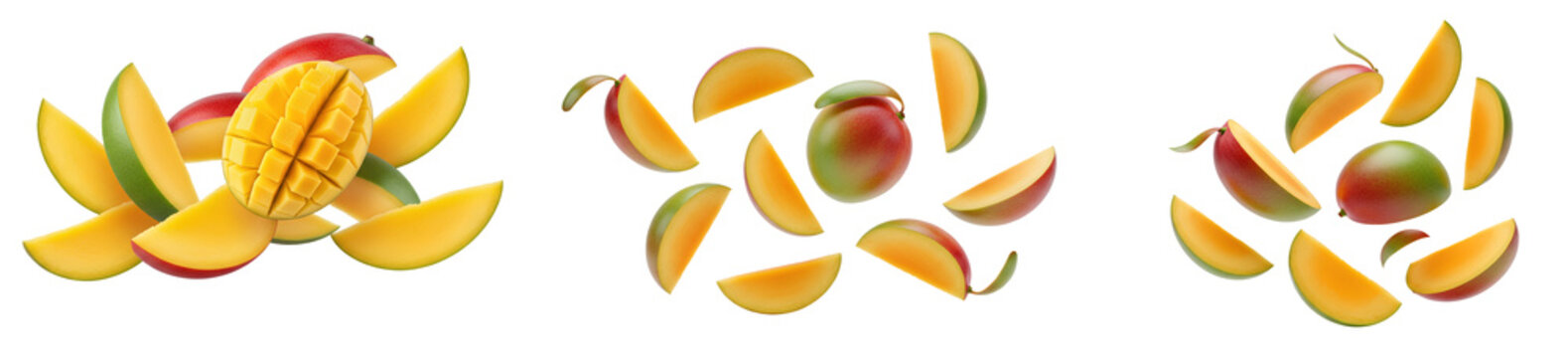 Set of fresh flying mango fruits and slices PNG. Collection of sweet organic tropical summer food isolated for dynamic healthy compositions, raw vegan diet concepts, and juicy fruit menu layouts