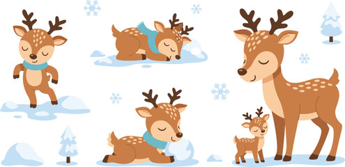 Fototapeta premium Cute Winter Deer Set with Cartoon Reindeer in Snow Playing, Sleeping and Family Scene Vector Illustration