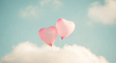 Fototapeta premium Two pink heart shaped balloons floating on clouds