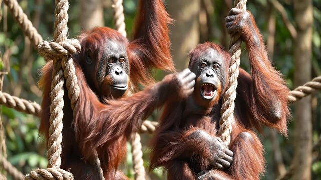 Two young orangutans with reddish-brown fur interact while clinging to thick, braided enrichment ropes in a lush, sunlit outdoor environment at a primate sanctuary or zoo.