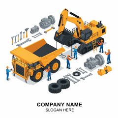 Isometric illustration of heavy construction machinery and mining dump truck being assembled and repaired by workers. © Bunga