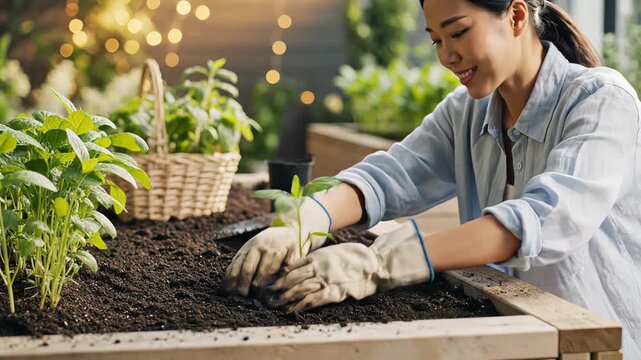 Gardener kneels beside garden bed planting seedlings into soil. Bright evening light creates warm setting with surrounding green plants. Concept of gardening, horticulture, landscaping