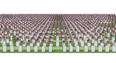 Fototapeta premium A solemn vector illustration of a military cemetery with rows of white headstones and American flags