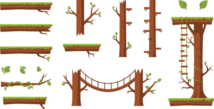 Forest Platform Game Assets Set with Tree Trunks, Wooden Bridge, Ladders and Ground Tiles Vector Illustration