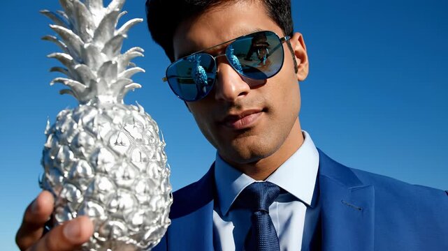 Confident man holding silver pineapple against bright blue sky. Stylish outfit complements playful theme. Summer vibes create cheerful atmosphere. Unique visual captures attention for creativity.