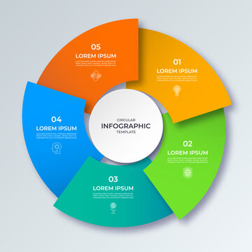Vector infographic circle with five steps. Cycle diagram with 5 options. Round chart that can be used for report, analytics, data visualization and presentation.