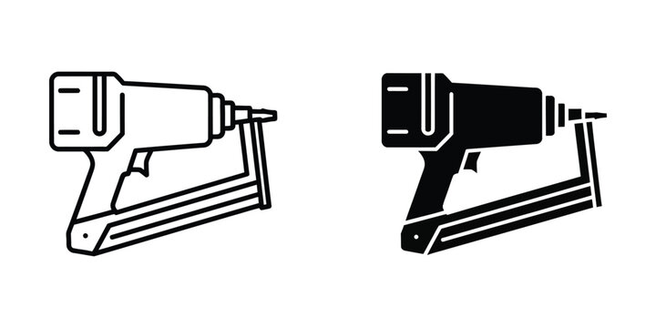 Comparison of a staple gun and a heavy-duty stapler in black and white icon style