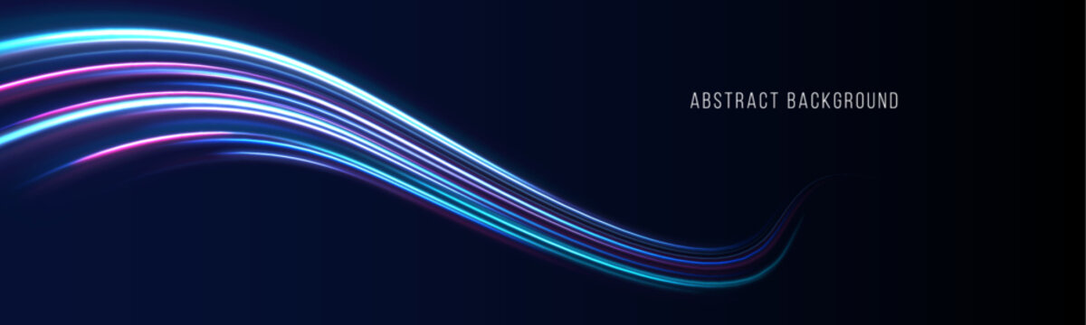 Vector glowing streaks of light twist in air like fast wind. Neon colors of blue, purple, and red create acceleration effect. PNG suitable for digital art.