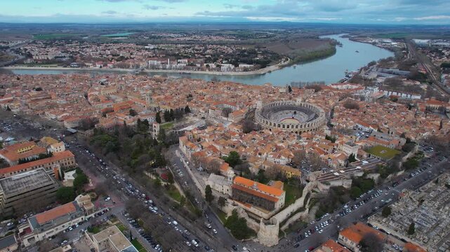 Aerial view around the old town of the city Arles France on a sunny day in early spring.
