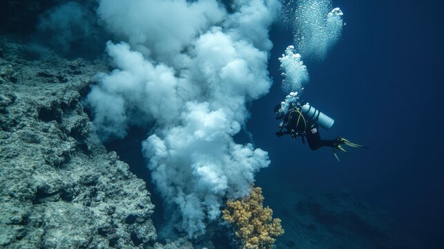 Diver near hydrothermal vent with steam clouds rising