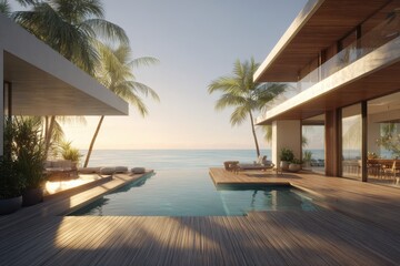 Fototapeta premium 3D render of a contemporary seaside villa exterior with timber deck, pool, and tropical landscaping
