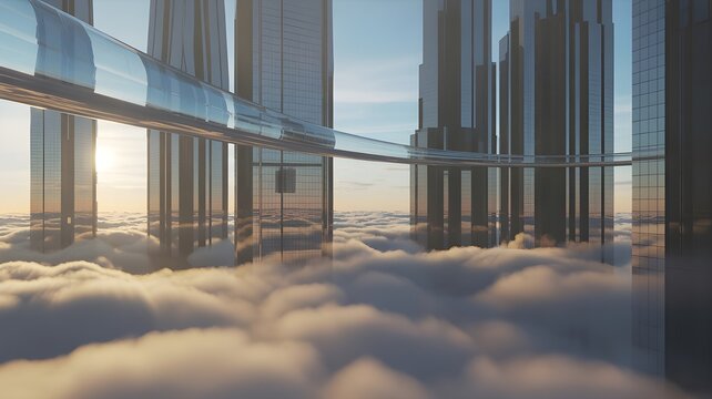 Skyscrapers floating above clouds connected with glass bridges