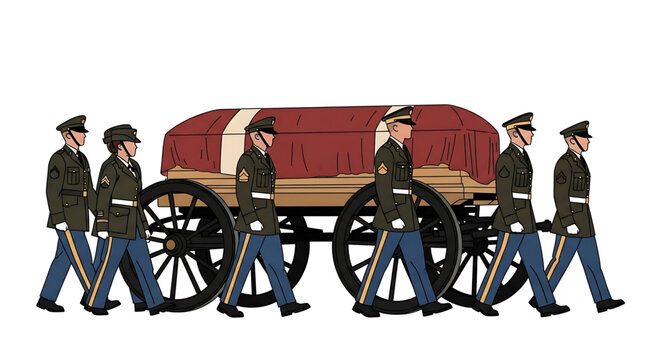 A solemn military funeral procession with six soldiers carrying a coffin on a wooden cart