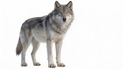 Obraz premium a-great-grey-wolf-standing-alert-on-all-fours-shot-from-a-slightly-low-angle-against-a-pure-.jpg, 